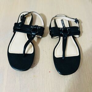 Alex Marie Black T-Strap Flat Sandals with Buckle Detail